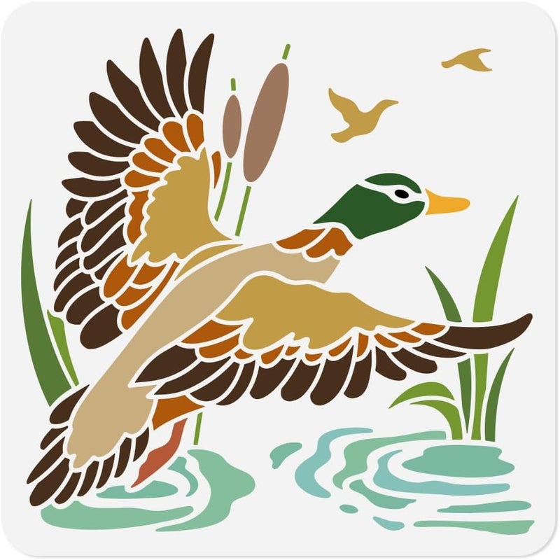 DOODLREAM Duck Fly Stencil for Painting, 11.8"x11.8" Plastic Wild Duck Bird Stencil Drawing Template,DIY Craft Paint Template for Wall Home Decor Wood Burning Card Canvas Fabric Journal Paper - Image 1